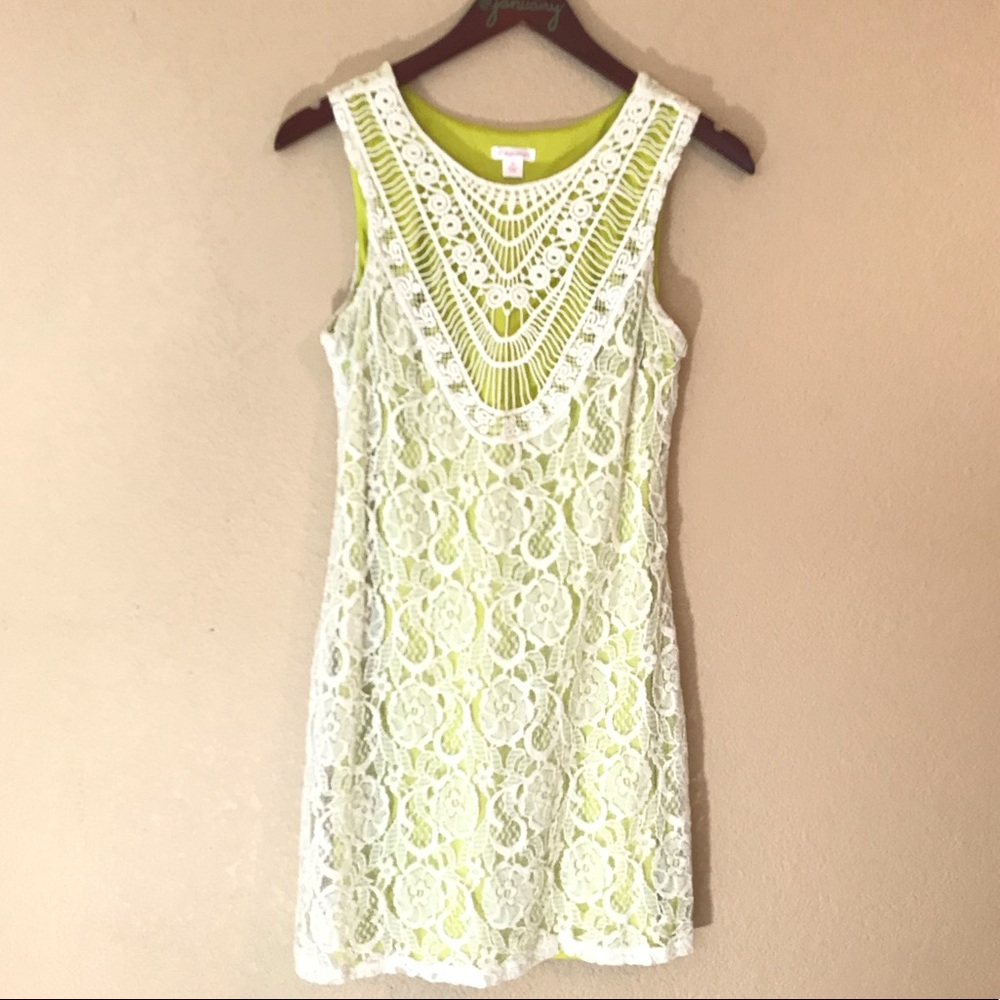 crochet style overlay over chartreuse green dress